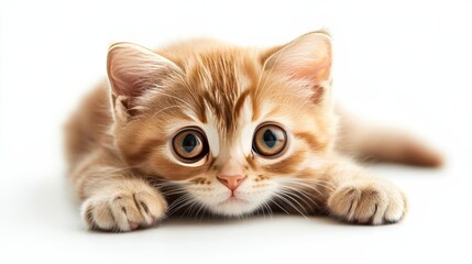 A cute Scottish Fold kitten is lying playfully on a clean white background, its round face and folded ears creating an irresistibly adorable scene.