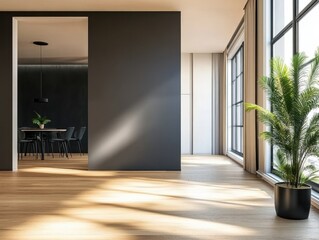 Obraz premium A large room with a black wall and a white curtain