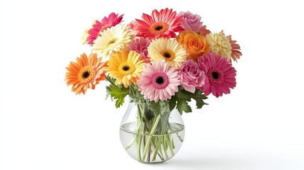 Obraz premium A delicate vase filled with freshly cut flowers is showcased against a smooth white background