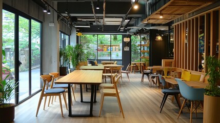 Fototapeta premium Cozy modern coworking space with colorful seating and lounge.