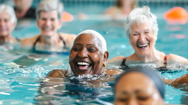 Diverse group of smiling happy elderly people of different races and genders enjoying swimming and leisure time together in an outdoor pool at a senior living or retirement community