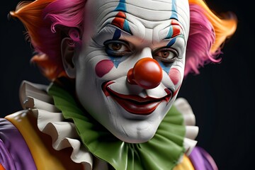 a clown with smooth facial features,blue,green,red,yellow,orange,pink,white,purple,realistic,detailed,detailed