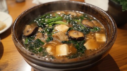 A bowl of steaming hot soup with tofu, mushrooms, and greens.