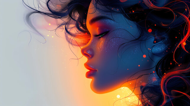 The concept for March 8. A burning beauty with blue-black hair with red curls and a snub nose. The woman has long loose hair and a serene expression on her face. The concept of peace