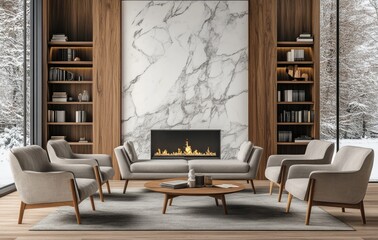 Obraz premium A modern living room with a grey marble wall, a light wood bookcase, and a fireplace in the background.