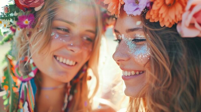 Joyful Bohemian Women Smiling Amidst Colorful Floral Backdrop at Summer Festival  Two young carefree females embracing and celebrating in a field of flowers representing the free spirited