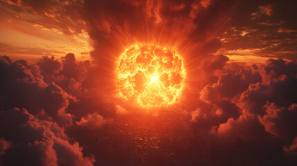 Fototapeta premium Fiery Explosion in a Cityscape Through a Cloudy Sky