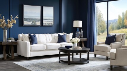 A bright blue living room with a white sofa and window. A modern interior design concept featuring an elegant corner seating area with a comfortable, large couch in the center of a spacious space