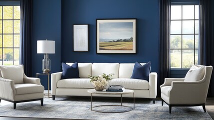 Fototapeta premium A modern living room with blue walls and a white sofa. The sofa is in the center of the picture, surrounded by two armchairs.