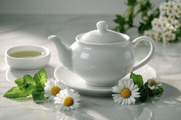 Fototapeta premium Tranquil tea setting with fresh mint, daisies, and a white teapot in a serene environment