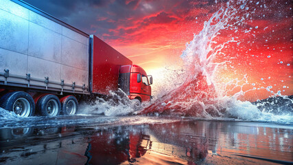 Red freight truck driving through intense splash under fiery sunset sky – Camión de carga rojo atravesando una gran salpicadura bajo un cielo ardiente al atardecer