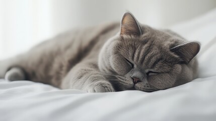 A fluffy British Shorthair cat is lying lazily on a pristine white surface, its round face and dense coat creating an adorable image.