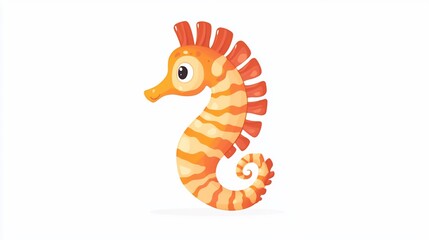 Fototapeta premium Cartoon illustration of a cute orange and white striped seahorse with a red fin on a white background.
