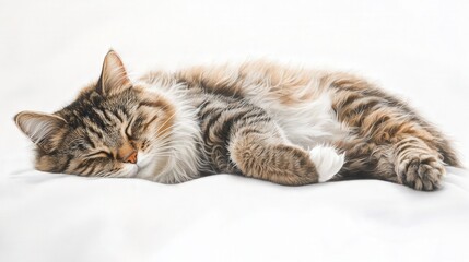 Obraz premium A fluffy tabby cat is comfortably sprawled on a pristine white background, its soft fur glistening in the light.