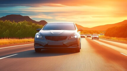 Obraz premium Line of Cars Driving on the Road Against the backdrop of the Setting Sun, Highway at Sunset