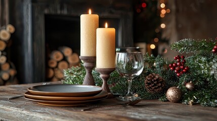 Candles, pine cones and Christmas tree branches on the table. Selective focus