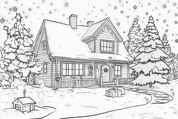 Sketchfor a coloring book, cozy Christmas English house at nighttime, with a lot of lighting candles and lights, New Year's postcard