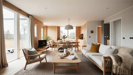 Modern Scandinavian Living Room Interior with Warm, Cozy Ambiance