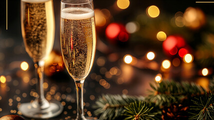 Two sparkling glasses of champagne with festive decorations, celebration background. Generative AI