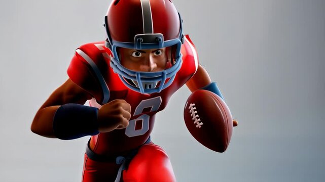 Cartoon character of professional American football player running with ball in hand on white background