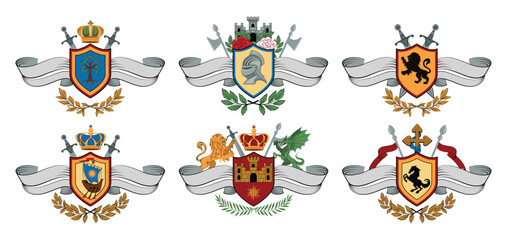 Collection of Heraldic Emblems with Shields and Crowns