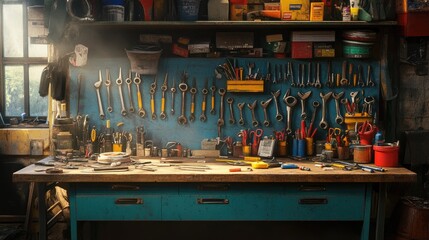 Naklejka premium Colorful Workshop with Tools on a Wooden Table