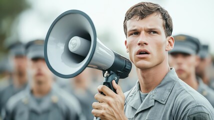 A drill instructor holding a megaphone, leading a fitness routine for a group of recruits   drill instructor, megaphone, fitness routine