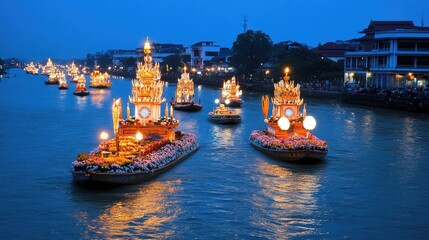 Obraz premium Colorful River Festival with Illuminated Boats at Dusk