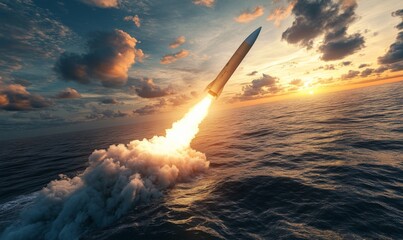 Fototapeta premium Anti-ship missile zooming across the sea, heading toward its target with precise guidance