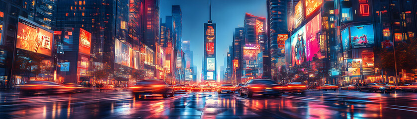 Obraz premium A Vibrant City Street at Night with Tall Buildings and Neon Lights Reflecting on Wet Pavement