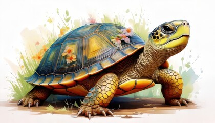 Obraz premium Draw a cartoon turtle with small flowers on its shell, making it look soft and gentle agains