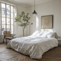 A bed with a white comforter and pillows