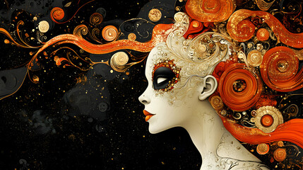 A Woman with Orange and Gold Hair in a Whirl of Abstract Design Against a Black Background