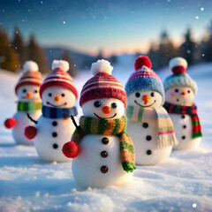 Fototapeta premium A delightful mini snowman army stands in formation