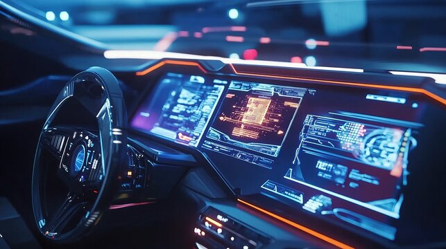 High-tech car dashboard with digital controls and displays.