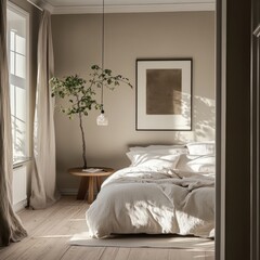 A bedroom with a white bed, a wooden table, and a plant