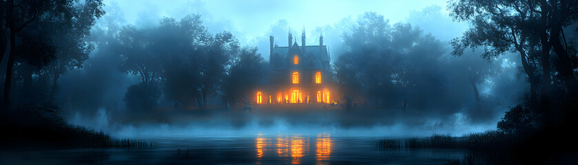 Obraz premium A Mystical Manor Stands Silhouetted Against a Misty Twilight Sky, Reflecting Warm Lights in the Still Water Below