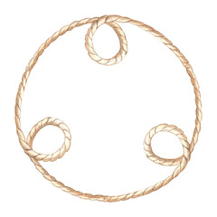 Wreath of rope with loops. Frame made of cord. Hand drawn watercolor illustration isolated. Marine garland, empty space for text. String border. Nautical template for card, embroidery, website, logo.