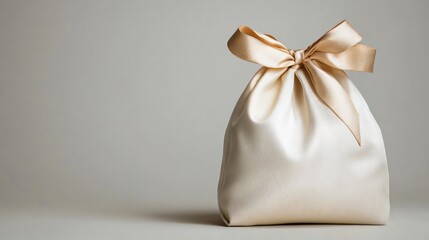 Santa bag in solid cream color with a sleek gold ribbon on a clean, light-gray background, no texture