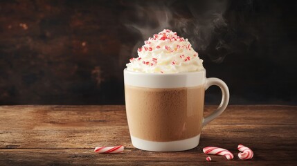 A steaming cup of coffee topped with whipped cream and crushed peppermint, set against a rustic wooden background.