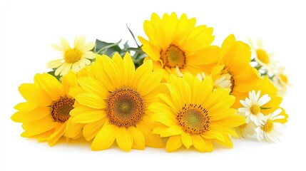 A lovely bouquet of yellow flowers rests gracefully against a bright white background.