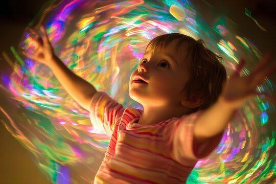 A child joyfully reaches for swirling lights, symbolizing happiness and discovery in a vivid and colorful scene.