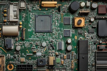 Fototapeta premium Close-up of electronic circuit board with capacitors and chips.