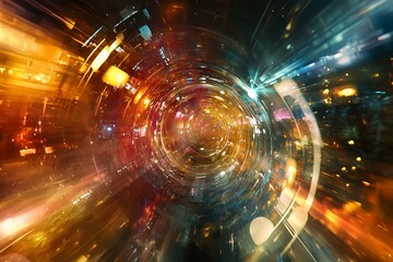 Obraz premium A captivating digital vortex radiates colorful lights, manifesting energy and motion sensation.