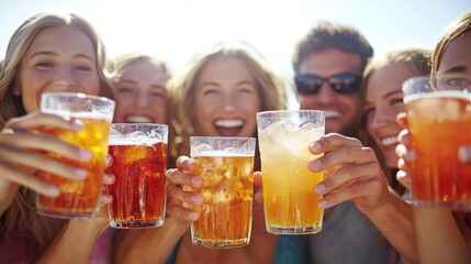 Fototapeta premium Friends celebrating and cheering with drinks game day atmosphere
