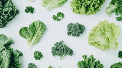 A mix of green vegetables, from crunchy lettuce to leafy kale, is placed on a white background.