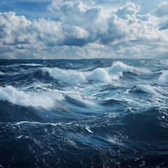 Churning ocean waves, accented by rolling clouds above, create a powerful and dynamic sense of untamed nature.