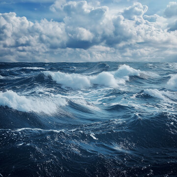 Churning ocean waves, accented by rolling clouds above, create a powerful and dynamic sense of untamed nature.