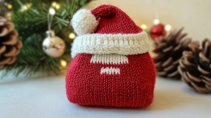 Tiny Santa bag with solid red and simple white top on a cream background, no patterns, very compact