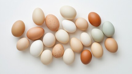 A scattering of fresh chicken eggs rests gently on a white background.